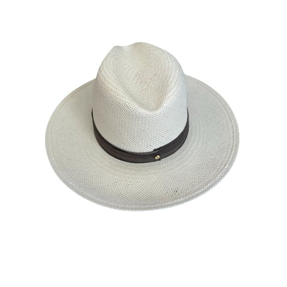 JANESSA LEONE Ivory Banded Straw Wide Brim Hat Size Medium - Picture 2 of 9